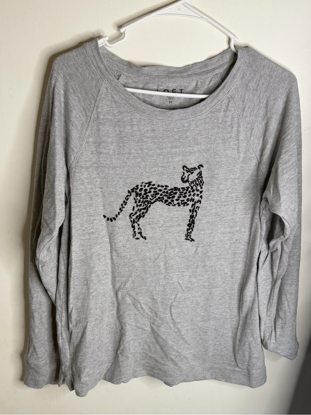 LOFT Gray Long Sleeve Top with Black Cheetah Graphic